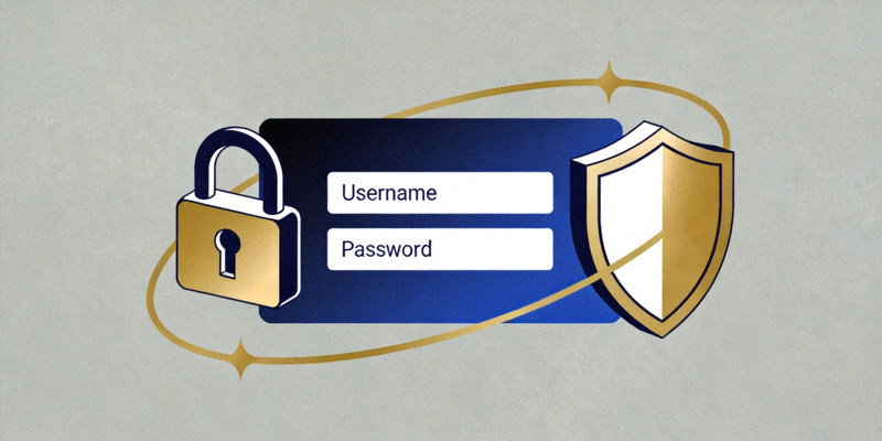 Ilustrasi grafis tentang proses login yang aman dengan simbol gembok dan perisai di sekitar formulir username dan password