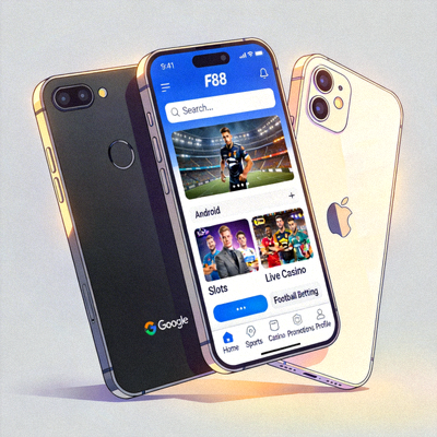 Ilustrasi smartphone Android dan iOS yang menampilkan antarmuka M88 mobile yang responsif dan user-friendly
