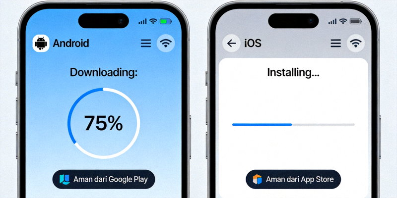 Layar perangkat Android dan iOS yang sedang menunjukkan proses download dan instalasi aplikasi mobile dari sumber yang aman